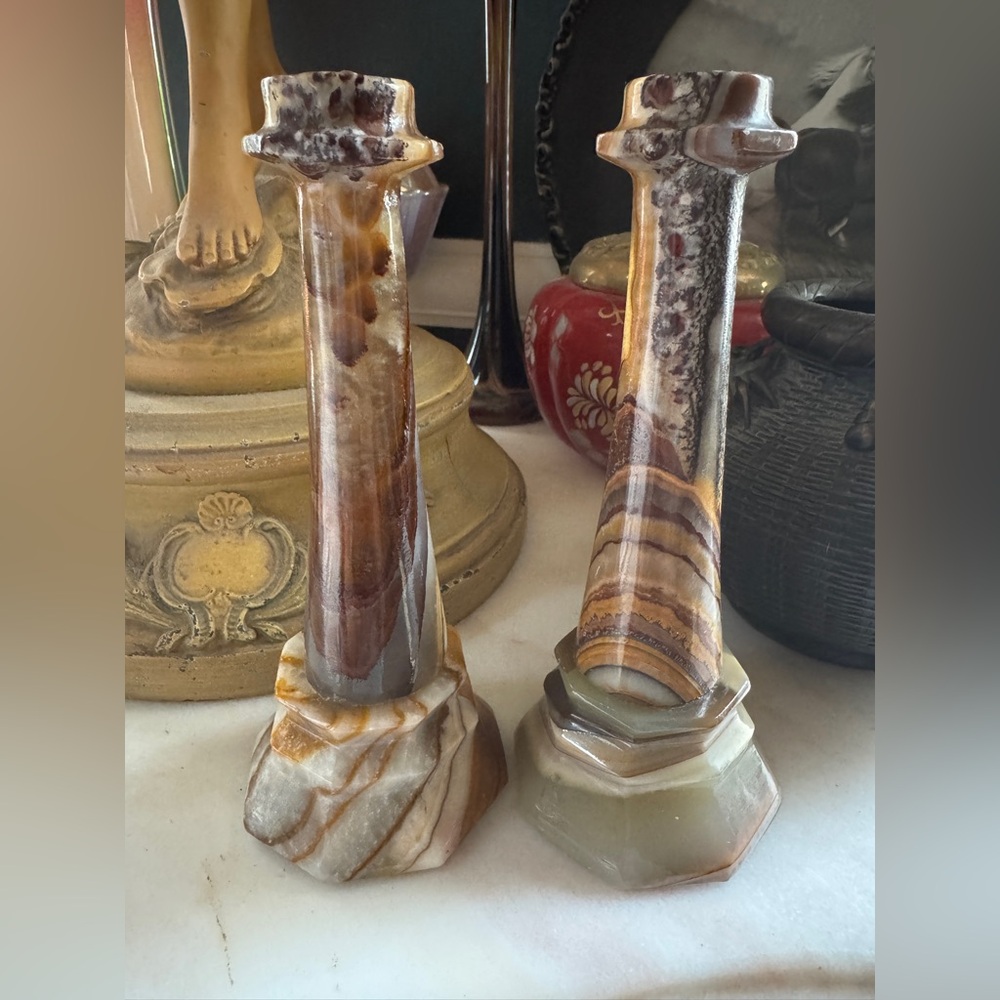 Vintage Caramel Slag Marble Candlestick Holders – Set of 2